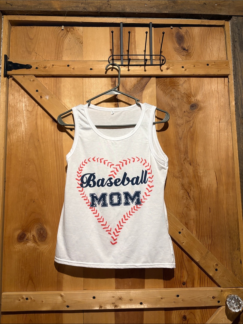 Baseball Mom White Tank Top with Navy and Red Heart Graphic